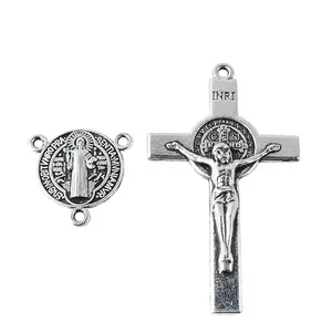 Acessórios de joias st. benedict, peça central e crucifixo em anti-prata, conjunto de pingentes banhados para colar rosário católico