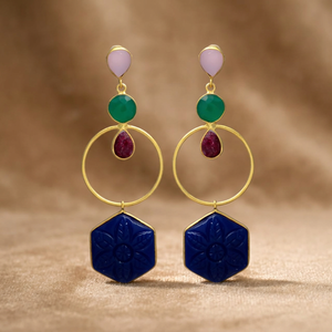 Nouvelles boucles d'oreilles pendantes ethniques plaquées or, en onyx vert et alliage de métaux précieux, faites à la main - Product Image 2