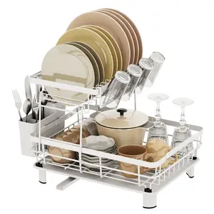 Séchoir à vaisselle à double niveau de grande capacité Porte-gobelet à couverts Organisateur de vaisselle blanc et ensemble de passoires