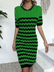 Custom OEM ODM Custom Cute Hollow Out <strong>Wavy</strong> <strong>Pattern</strong> Knitted Dress Women's Versatile Short Sleeve Slinky Dress - Product Image 4