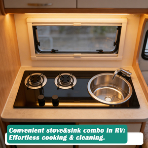 Cuisinière à gaz RV JDA à 2 brûleurs et évier intégré avec plaque de cuisson en verre trempé, cuisine RV tout-en-un avec accessoires gratuits - Product Image 3