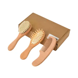 Ensemble 3 Pièces : <span class=keywords><strong>Brosse</strong></span> à Cheveux de Bébé à Poils de Chèvre Doux <span class=keywords><strong>et</strong></span> <span class=keywords><strong>Peigne</strong></span> à Coussin d'Air <span class=keywords><strong>en</strong></span> <span class=keywords><strong>Bois</strong></span> Naturel pour Nouveau-né - Product Image 1