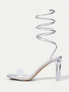 صنادل صيفية بكعب عالٍ مفتوحة الأصابع مع حزام وإبزيم، كعب رفيع لزيادة الطول، مصنوعة من الجلد الصناعي/البولي يوريثان/البولي فينيل كلوريد - Product Image 3