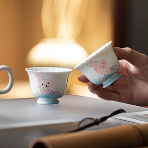 Cute Bunny Ceramic Teacup Hand Painted Porcelain Round For Kung Fu <b>Tea</b> <b>Set</b> Afternoon <b>Tea</b> Use - Product Image 2