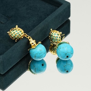 Pendientes Largos Geométricos de Turquesa de Alta Gama, Corte Princesa, Chapados en Oro y Cobre, Estilo Étnico, Regalo para Mujer - Product Image 3