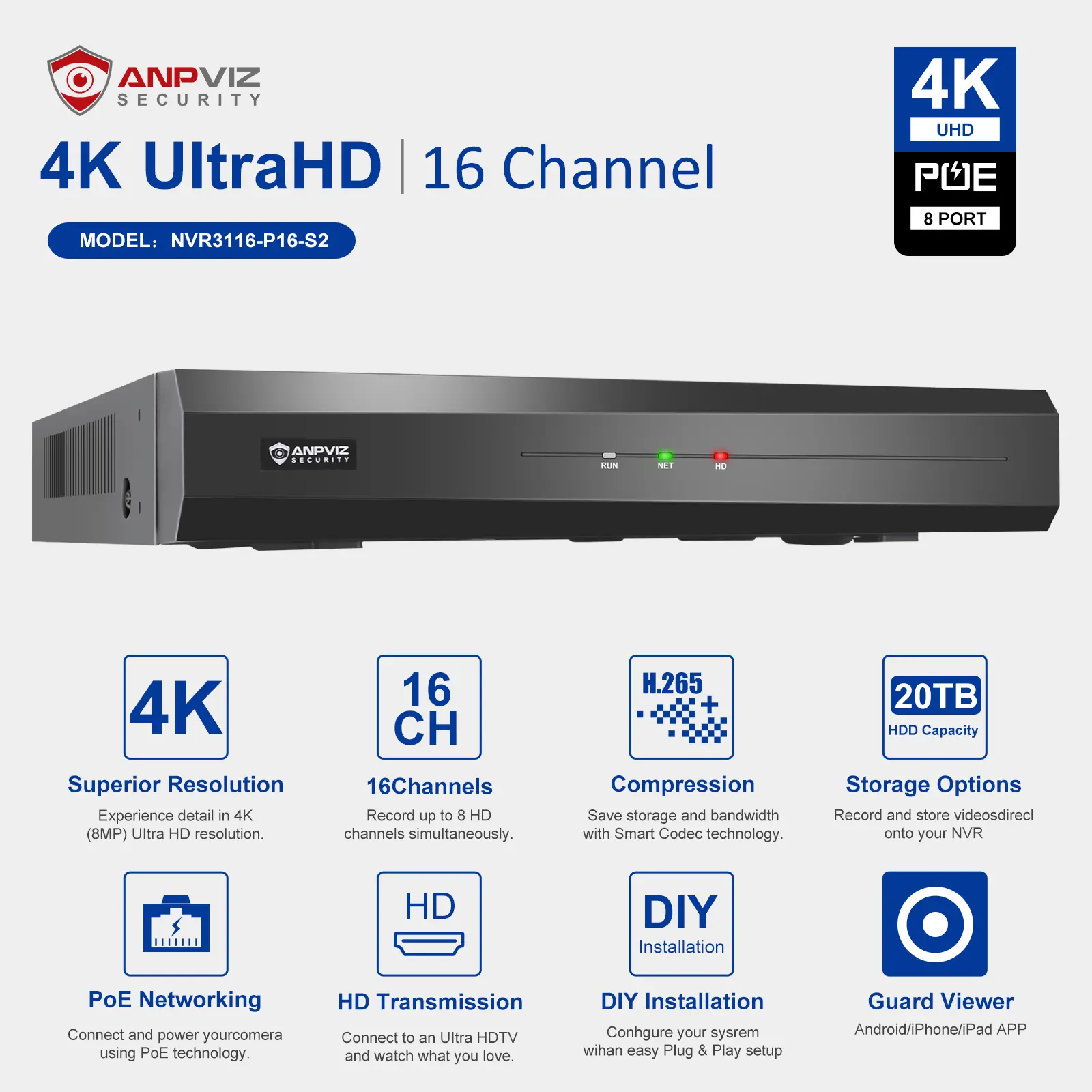 Anpviz 4K 8MP 16ch h.265 POE NVR 16 poe port interface audio 2SATA Max 20TB capacité 24/7 enregistrement enregistreur vidéo réseau