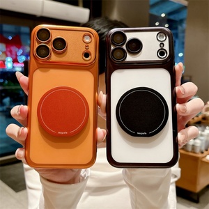 Plating <b>Pc</b> Cover Phone case with Bracket <b>Stand</b> Holder for iphone 16 15 14 13 12 Plus,for iphone 17 Pro Mirror Magnetic case - Product Image 1