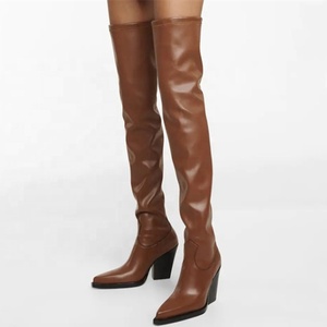 Bottes en cuir véritable populaires automne-hiver 2021, bout pointu, bottes sexy à hauteur de cuisse pour femmes, talon carré haut, taille plus 46 - Product Image 1