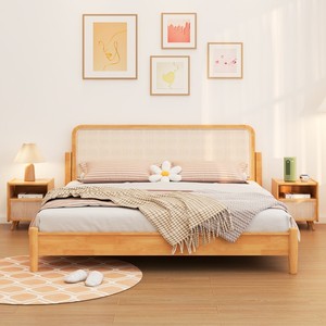 Natural Modern Solid Wood Bedroom Bed With <b>Rattan</b> Design 1.5m and 1.8m Size A17 Solid Wood Bedroom Furniture A17 - Product Image 4