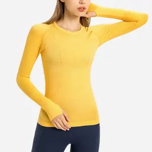 Spor salonu spor giyim Slim Fit uzun kollu mürettebat boyun spor tişört koşu spor üst kadınlar nefes Yoga gömlek