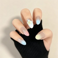 Lot de 10 faux ongles d'été faits à la main, forme amande moyenne, dégradé, avec coquillages et fleurs 3D, réutilisables, en gel