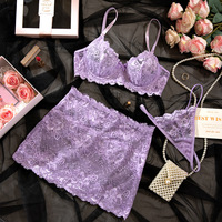 RUIYI Fashion Lace Durchsichtiger Hosenträger Exposed Navel Set Sexy Hollow Out lila Kurzrock LIngerie Set