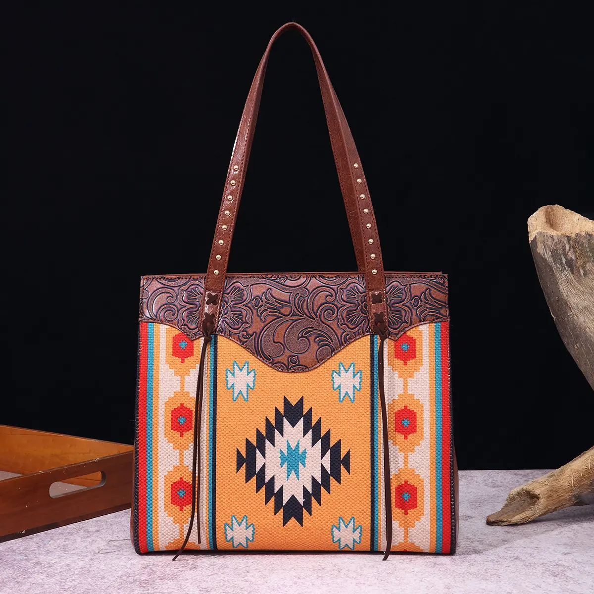 Bolso de mano de cuero con patrón azteca occidental de Gran venta, bolso de mano con correa de cuero elegante para mujer multicolor Vintage