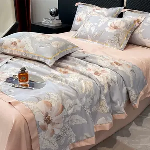 Hypoallergenic Printed Satin Floral Luxury Lightweight Comforter Cooling Quilt Microfiber Bedding Set Bedspread Summer Quilt