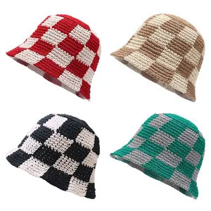 Spring Summer Handmade Plaid Bucket Hats Crochet Women Soft Sun Beach Hats Checkered Bucket Hat