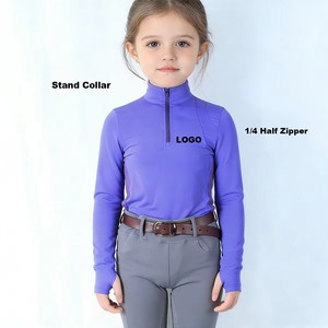 Camiseta de equitación personalizada al por mayor para niños, manga larga, cuello alto con cremallera 1/4, corte ajustado, top de entrenamiento ecuestre OEM - Product Image 1