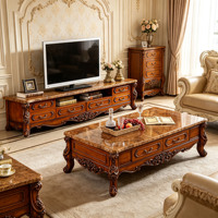Ensemble de meubles de salon vintage européens : meuble TV et table basse en marbre, sculptés à la main en bois massif, avec rangement, vente en gros