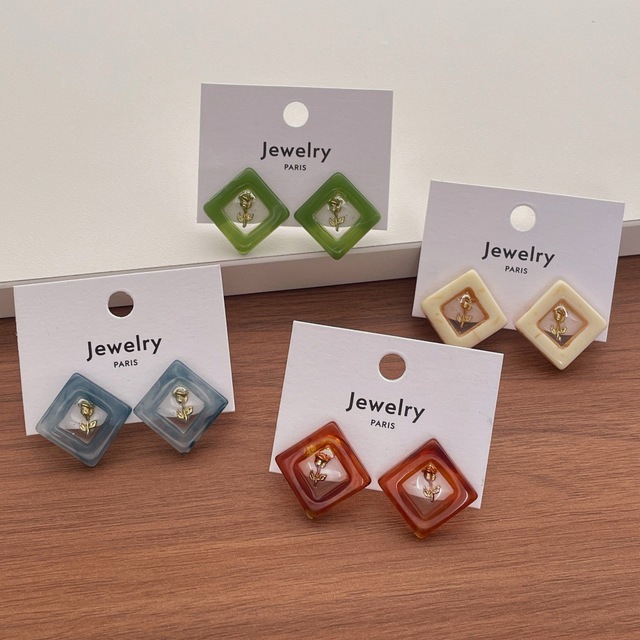 Wholesale Double Layer Resin Square Rose Stud Earrings Multi Color Geometric Floral Ear Studs Trendy Vintage Women Jewelry