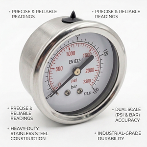 Manomètre à double échelle 0-2300PSI, montage inférieur 1/4inNPT, entièrement en acier inoxydable, résistant aux chocs, pour équipement industriel à gaz, eau et huile - Product Image 3