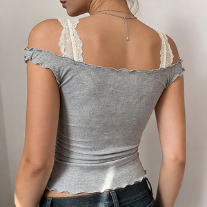 T-shirt décontracté en maille respirante à col en V pour femme, avec dentelle et nœud plissé sur le devant, manches courtes, collection été 2026 - Product Image 6