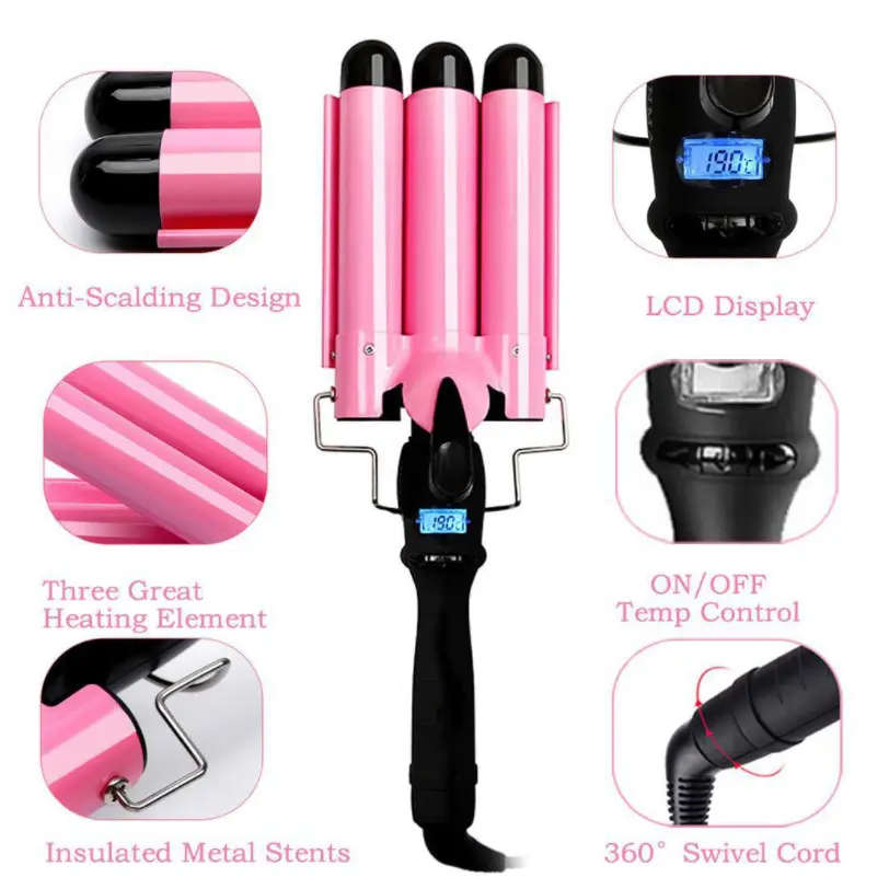 Home Use Electric Three Barrel Ceramic Ionic Big Wave Curler Automatic LCD Display Hair Waver Curler New Triple Barrel Hair