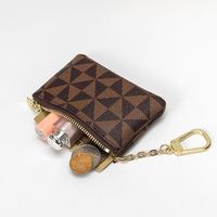 Dompet koin kulit PU ritsleting emas hitam desainer dompet merek kecil tempat kartu kredit kantong kotak-kotak coklat dengan gantungan kunci