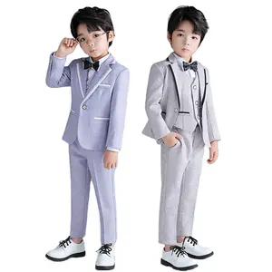 新しい子供の優しいスーツの服セットネクタイ付きソリッドシャツソリッドベストロングドレスパンツコート5個のスーツの服セット