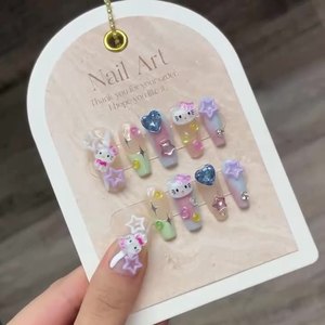 In Vogue Handmade Stick on Nails <span class=keywords><strong>Hello</strong></span> <span class=keywords><strong>Kitty</strong></span> Cute Cartoon Long-Length Style Gel Press on Nails - Product Image 1