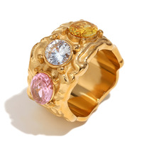 Bague large personnalisée en acier inoxydable 316L, texture lave dorée, zircon tricolore serti, bague statement pour femme, vente en gros