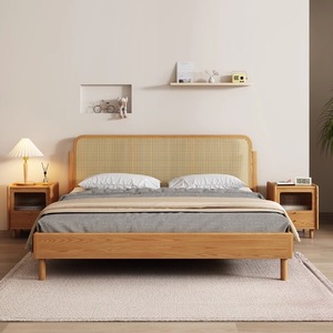 Lit en rotin de style nordique, bois de frêne massif, lit plateforme double de 1,8 m, meubles de chambre à coucher en bois naturel - Product Image 1