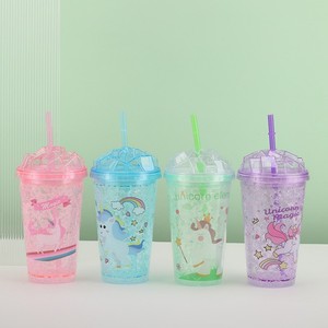 450ml Magic Unicorn Rainbow Print Double Wall Plastic Tumbler with Straw Diamond Shaped Dome Lid Transparent Icy Crushed Glitter - Product Image 6