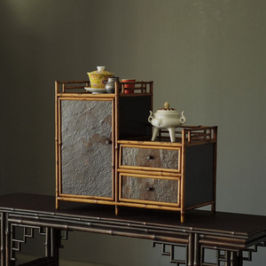 Meuble à thé en bambou Meilu, étagère de rangement style roche, rétro zen, présentoir à thé haut et bas, pour entrée - Product Image 1