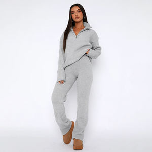 Conjuntos Deportivos de Suéteres de Punto con Media Cremallera y Pantalones Anchos Holgados para Mujer, Ideales para Otoño e Invierno - Product Image 2