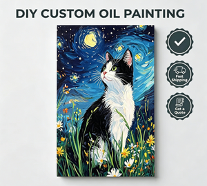 Dipinto Digitale a Olio <span class=keywords><strong>di</strong></span> Songwoo <span class=keywords><strong>Van</strong></span> <span class=keywords><strong>Gogh</strong></span>: Gatto con Motivo a Spirale Cielo Stellato, Gattino Tuxedo Carino in Prato Colorato con Fiori Selvatici - Dipingi con i Numeri - Product Image 1