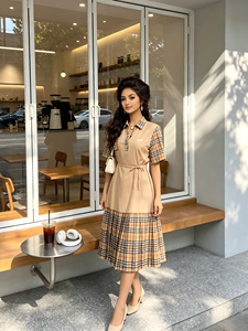 <span class=keywords><strong>Abito</strong></span> <span class=keywords><strong>Midi</strong></span> a Quadri con Patchwork alla Moda, Maniche Corte, Vita Annodata, Pieghe e Bordi Arricciati, per Ufficio e Uso Quotidiano - Product Image 2