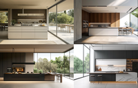 Meubles de cuisine modernes sur mesure en 3D, îlot de cuisine en acier inoxydable pour villa