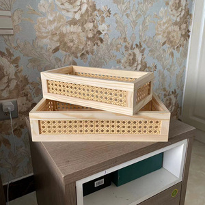 Japanese Style Imitation Rattan <b>Storage</b> <b>Basket</b> Rectangle Solid Wood Stackable For Home Bedroom Cosmetics Jewelry <b>Storage</b> - Product Image 1