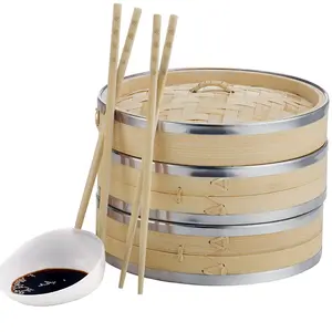 Vaporizador de alimentos eco-amigável, cesta de bambu multifuncional com anel de aço inoxidável