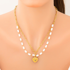 Collar de Perlas con Forma de Corazón, Cadena de Clavícula de Oro de 18K, Joyería Multicapa para Mujer, Uso Diario - Product Image 1