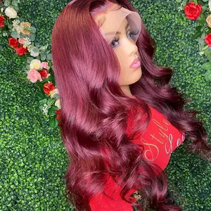 Perruque body wave frontal wig naturelle, cheveux humains, style balayage, couleur rouge vin, 18 pouces