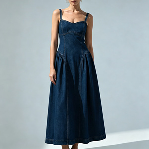 <span class=keywords><strong>Robe</strong></span> longue plissée en <span class=keywords><strong>jean</strong></span> vintage pour <span class=keywords><strong>femme</strong></span>, col cœur, sans manches, coupe trapèze, style midi - Product Image 1