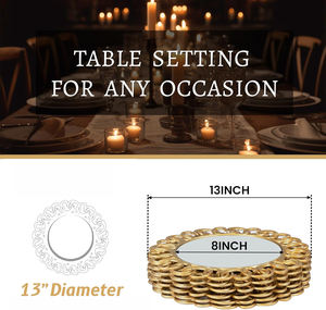 Platos base dorados de 13 pulgadas para bodas, platos base tipo espejo para platos de cena, platos base de plástico con borde en espiral entrelazado - Product Image 6