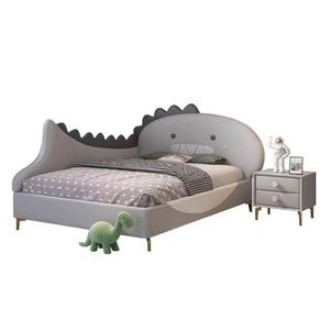 Lit d'enfant moderne au design dinosaure, structure en bois robuste, tête de lit rembourrée en coton confortable, taille complète pour chambre d'enfant - Product Image 6