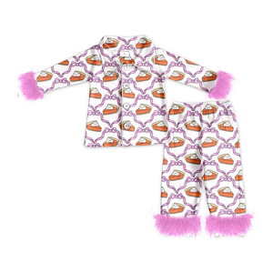 Conjuntos de pijamas de otoño para niñas pequeñas, pantalones con estampado de Halloween y botones, pantalones de manga larga con ribete de piel, ropa de descanso - Product Image 3