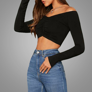Hot Selling Good Quality Women Plain <strong>Black</strong> Blouse <strong>Tops</strong> Sexy Off Shoulder V Neck Crop <strong>Top</strong> Wholesale - Product Image 3