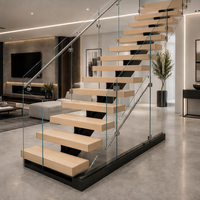 Escalier flottant en verre avec balustrade, monopoutre, marches en bois, éclairage LED intégré, conception de rampe d'escalier cantilever pour intérieur