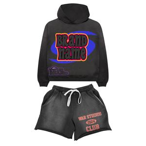 Conjunto de chándal de dos piezas personalizado lavado con ácido de otoño, conjuntos de pantalones cortos y Sudadera con capucha para niños con estampado desgastado - Product Image 1