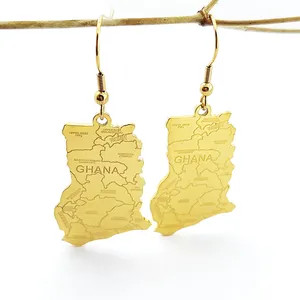 18K Gold Plated Stainless Steel Ghana Map Earrings Minimalist Ghana Country Map With State Names Earrings Map Ghana Jewelry