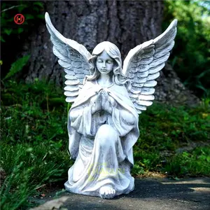 Garden Outdoor Life Size Hand Carved Natural Stone Praying White Marble Kneeling Angel Statue