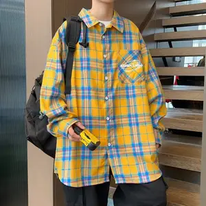 Casual Chic Mens Yellow and Blue Checkered Shirt Pocket Detail Summer Men casual shirts Blouse